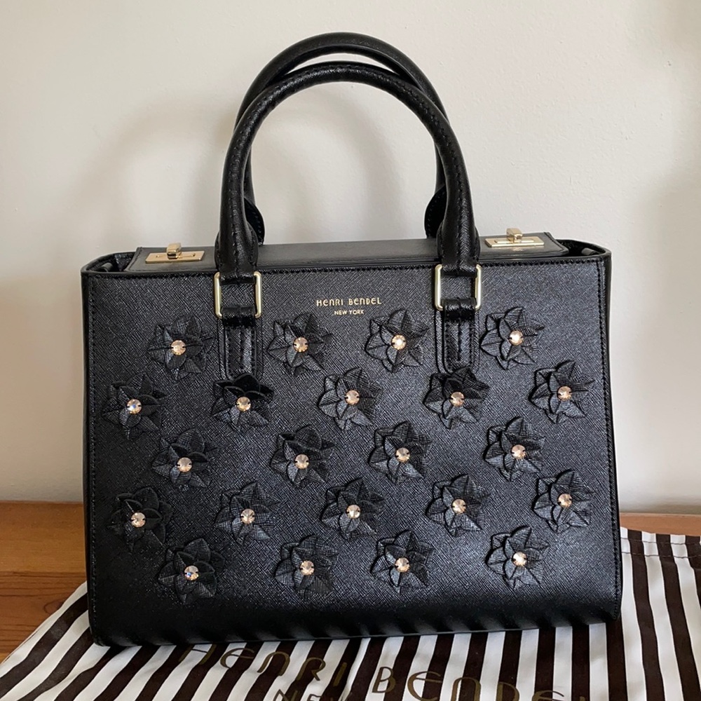 NEW Henri Bendel Black Crystal Flower Appliqué Bag